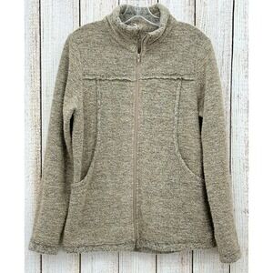 Prana Full Zip Sweater Women's Size Large Oatmeal Mock Neck Pockets Long Sleeve